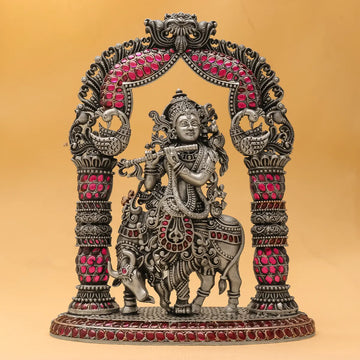 Shree Krishna Silver Idol - Semi Precious Stone